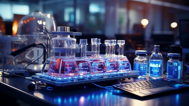 Technology and equipment in a blue laboratory with laboratory equipment
