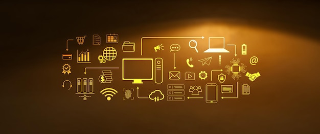 technology equipment and line interface icons computer system resources and data storage cloud service technology marketing and business concept for background