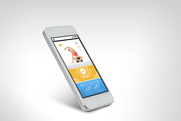 Photo technology, fitness and sport concept - white smarthphone with sports application on screen