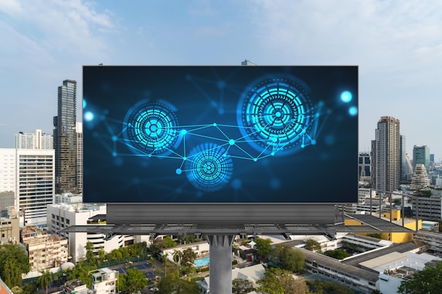 Technology hologram on billboard over panorama city view of Bangkok The largest tech hub in Southeast Asia The concept of developing coding and hightech science