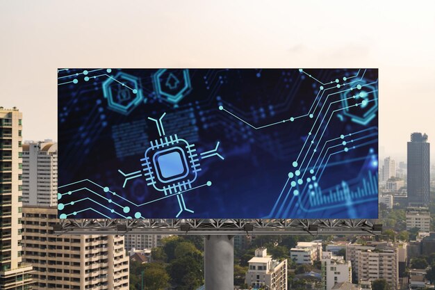 Technology hologram on billboard over panorama city view of\
bangkok the largest tech hub in southeast asia the concept of\
developing coding and hightech science