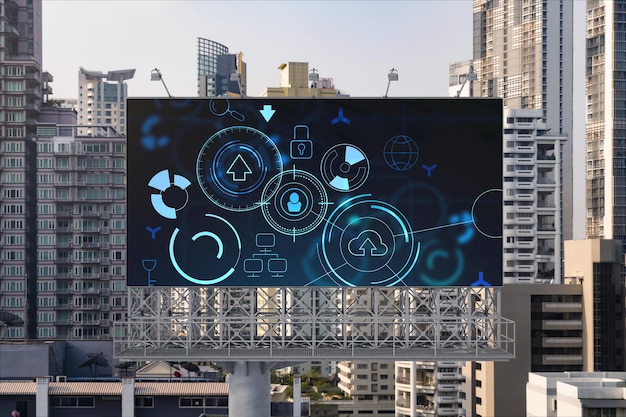 Technology hologram on billboard over panorama city view of Bangkok The largest tech hub in Southeast Asia The concept of developing coding and hightech science