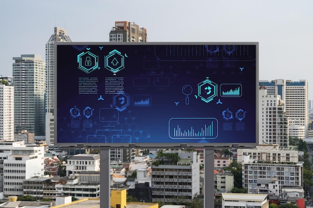 Technology hologram on billboard over panorama city view of Bangkok The largest tech hub in Southeast Asia The concept of developing coding and hightech science