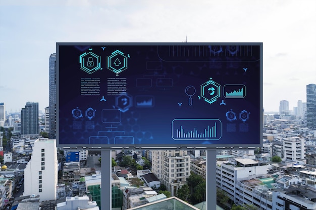 Technology hologram on billboard over panorama city view of Bangkok The largest tech hub in Southeast Asia The concept of developing coding and hightech science