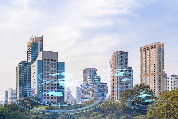 Technology hologram over panorama city view of Bangkok The largest tech hub in Southeast Asia The concept of developing coding and hightech science Double exposure