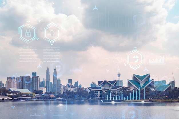 Technology hologram over panorama city view of Kuala Lumpur KL is the largest tech hub in Malaysia Asia The concept of developing coding and hightech science Double exposure