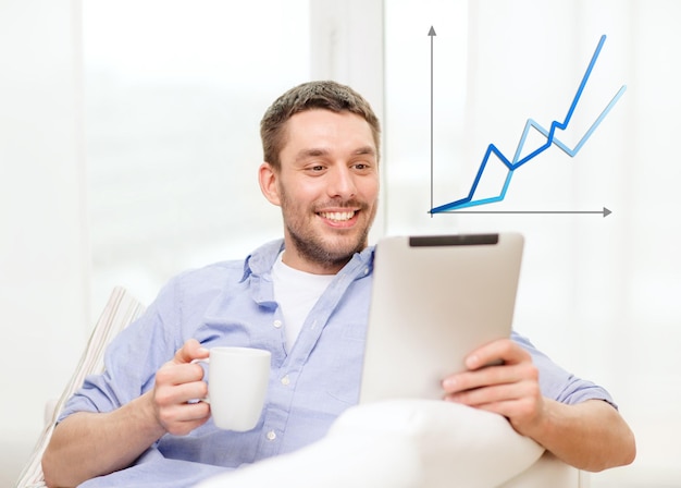 Photo technology, home and lifestyle concept - smiling man working with tablet pc computer and coffee cup at home