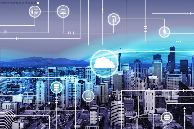 Technology illustration on city background