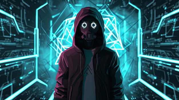 黒いフードとマスクを着たネオンで輝くテクノロジーの男