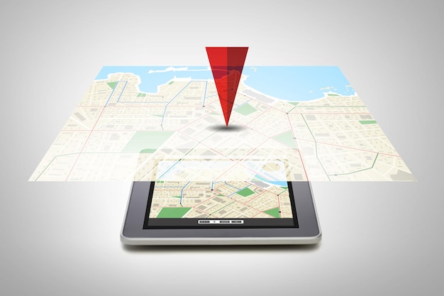 technology, navigation, location and gadget concept - close up of tablet pc computer with gps navigator map on screen over gray background