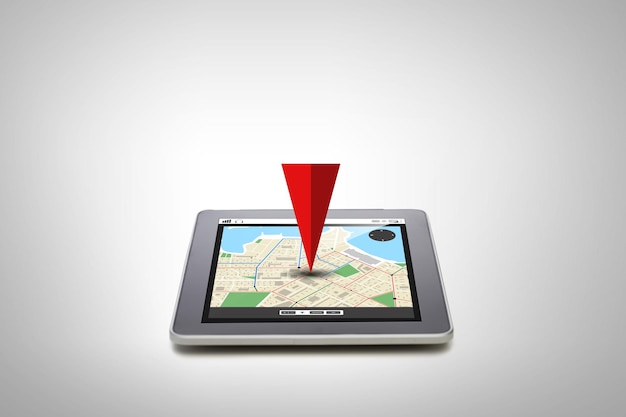 technology, navigation, location and gadget concept - close up of tablet pc computer with gps navigator map on screen over gray background