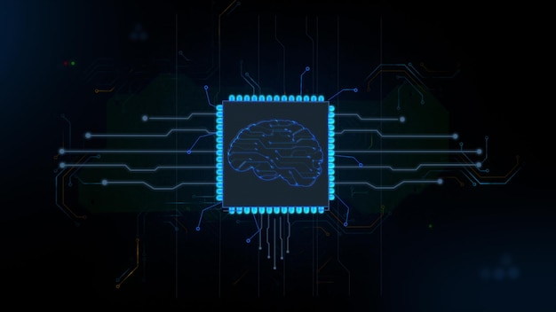 Concetto di tecnologia e rete apprendimento automatico di intelligenza artificiale e concetti di moderne tecnologie informatiche segnali elettrici che scorrono nei conduttori elettrici