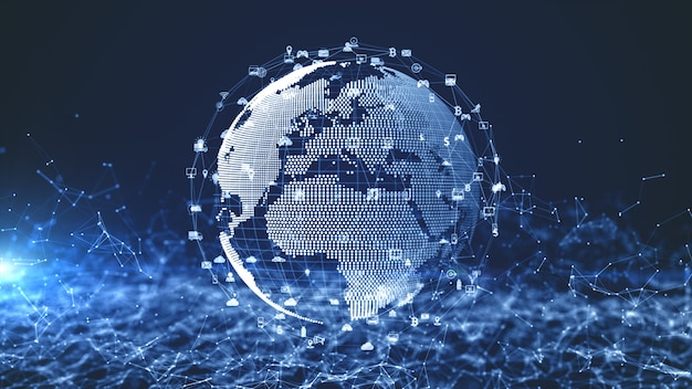 기술 네트워크 데이터 연결, 디지털 네트워크 및 사이버 보안 개념. Nasa가 제공 한 지구 요소.