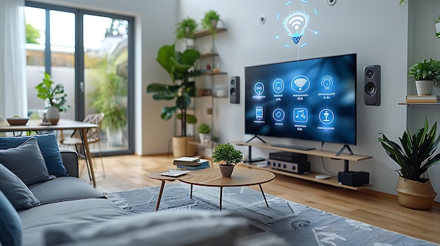 사진 연결된 장치와 디지털 아이콘을 가진 스마트 홈 기술 상징으로 반이는 집