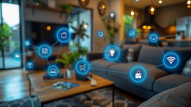 Фото technology smart home with connected devices and digital icons glowing house with symbolism