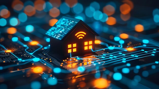 Фото Технология умного дома с подключенными устройствами и цифровыми иконами светящийся дом с символикой