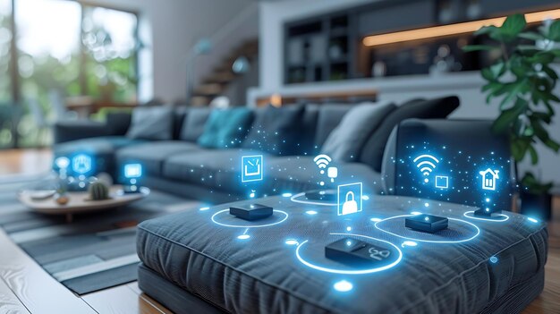 Photo technology smart home with connected devices and digital icons glowing house with symbolism