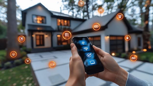 Photo technology smart home with connected devices and digital icons glowing house with symbolism