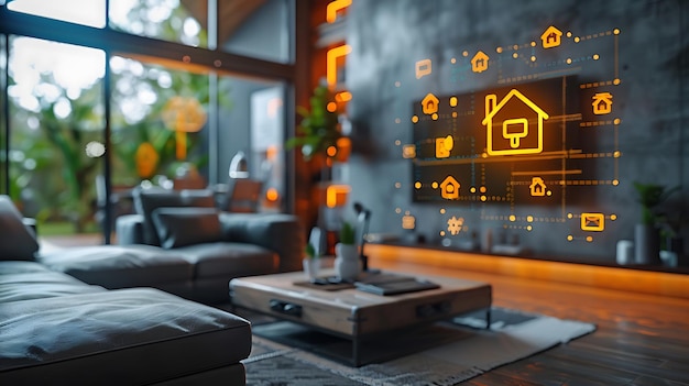 Photo technology smart home with connected devices and digital icons glowing house with symbolism