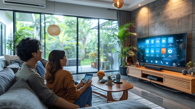 Photo technology smart home with connected devices and digital icons glowing house with symbolism