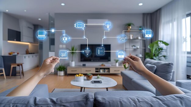 Foto casa intelligente tecnologica con dispositivi connessi e icone digitali casa luminosa con simbolismo