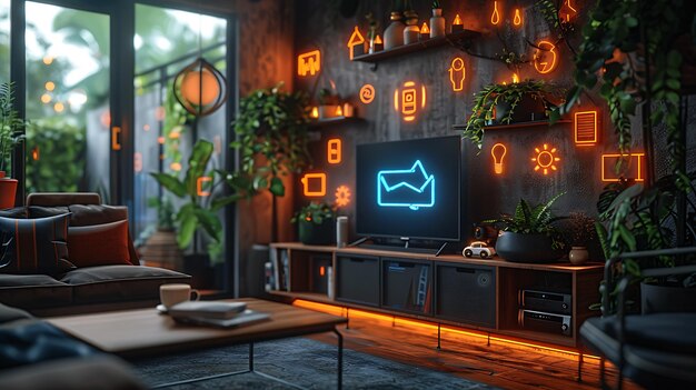 Photo technology smart home with connected devices and digital icons glowing house with symbolism