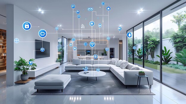 Photo technology smart home with connected devices and digital icons glowing house with symbolism