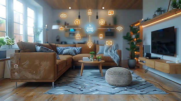 Foto casa intelligente tecnologica con dispositivi connessi e icone digitali casa luminosa con simbolismo