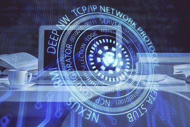 技術テーマの図面とコンピューターを使用したテーブル 多重露出情報の概念