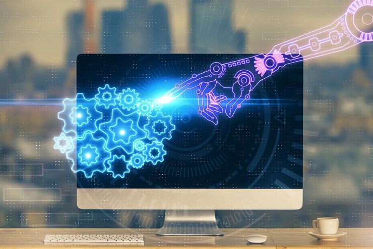 Technology theme drawing and table with computer Multi exposure Concept of information
