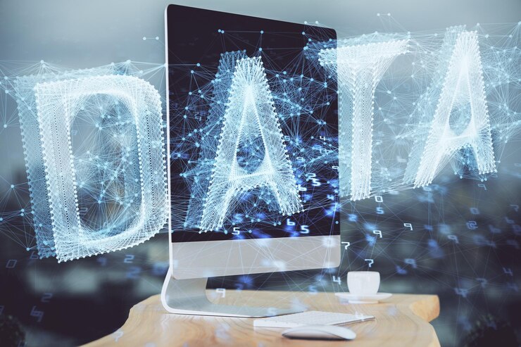 फोटो technology theme drawing and table with computer multi exposure concept of information