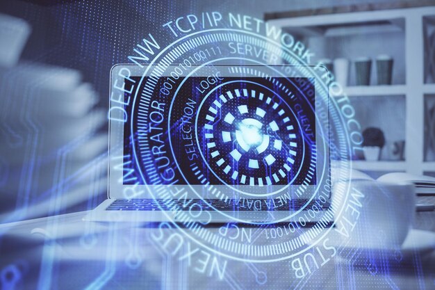 技術テーマの図面とコンピューターを使用したテーブル 多重露出情報の概念