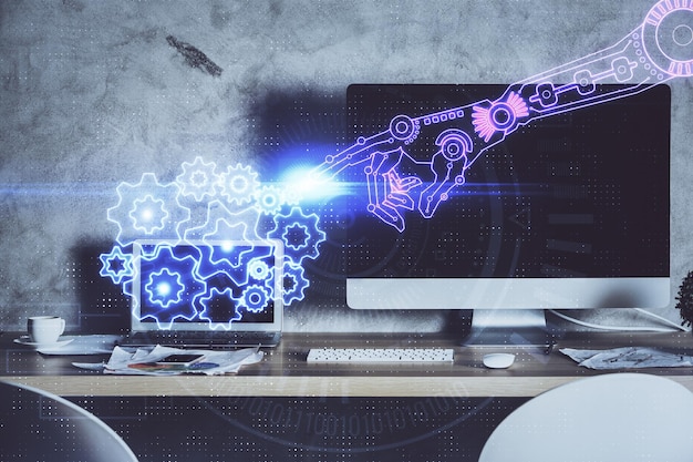 technology theme drawing and work space with computer multi exposure concept of innovation