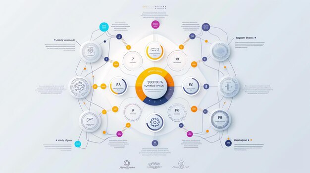 A technology themed infographic with a central glowing sphere surrounded by a number of interconnected nodes