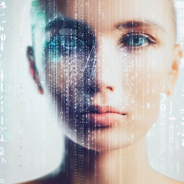 TechnoVisions Het realistische portret van een vrouw met een holografische interface
