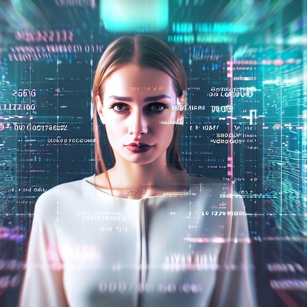 TechnoWonders Een realistisch portret van een vrouw die met holografische gegevens werkt