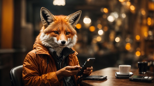 A techsavvy anthropomorphic fox browsing social media on a smartphone