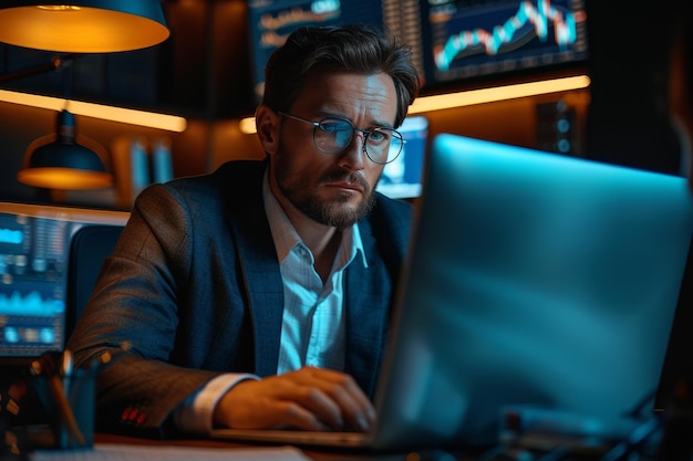 Techsavvy businessman analyzes data on computer in night office atmosphere