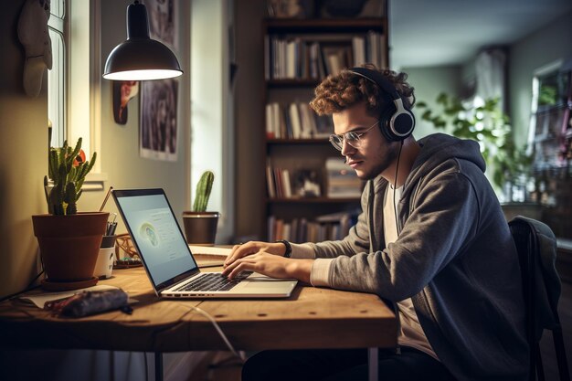 Foto techsavvy studente universitario multitasking studio e connessione online da casa