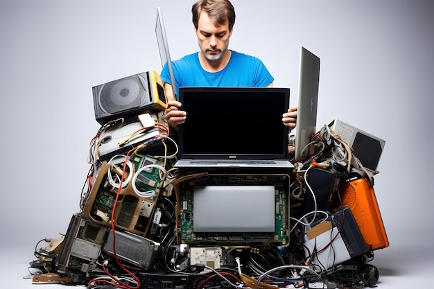 Foto uomo esperto di tecnologia circondato da componenti elettronici mentre tiene in mano un computer portatile per lavorare e produrre