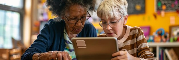 Photo a techsavvy senior learning to use a tablet with the help of a young volunteer