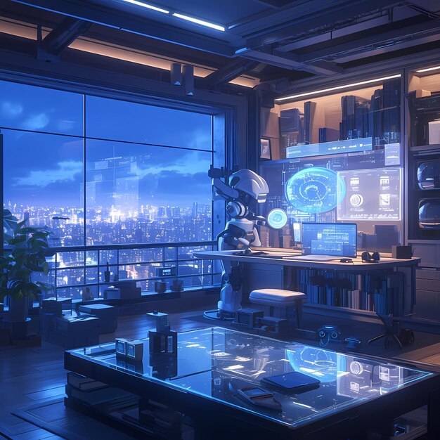 Photo techsavvy smart home office with cityscape view