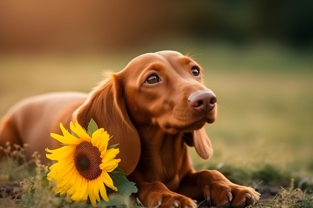 Teckel die in het gras ligt met een zonnebloem op zijn kop