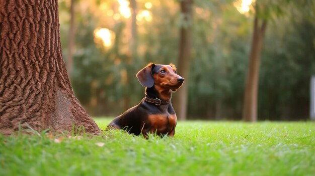 Teckel hond zittend onder een boom