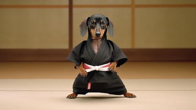 Teckel in een zwarte karate-outfit