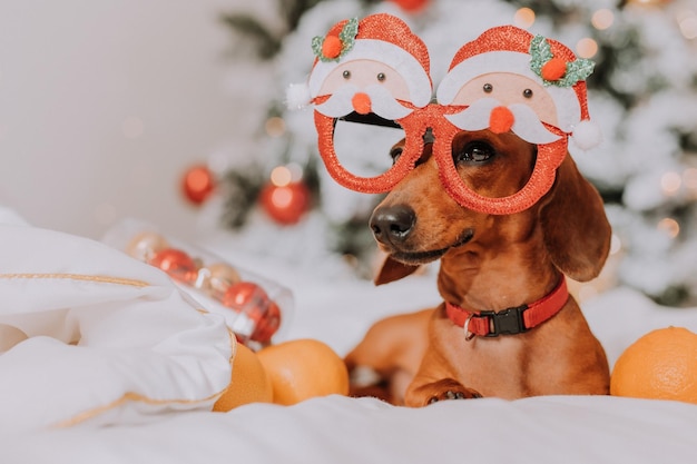 Teckel in grappige bril met de kerstman ligt op een wit laken bij de kerstboom