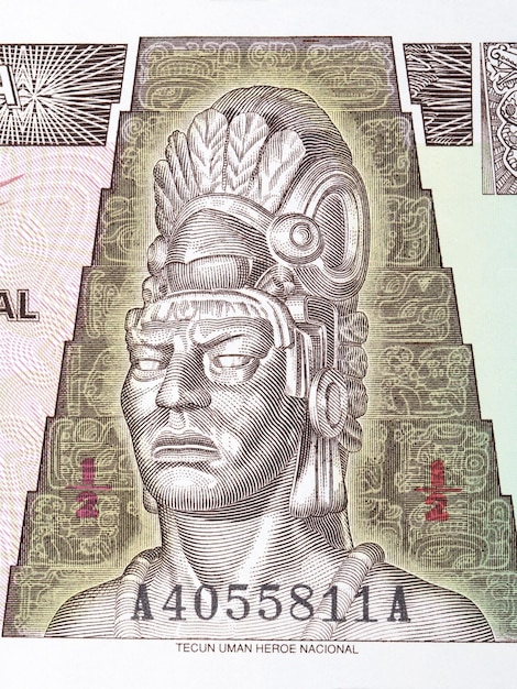 Tecun Uman een portret van Guatemalteeks geld Quetzal