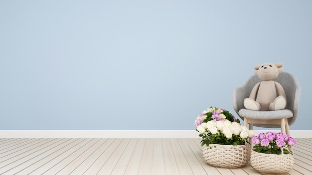 Teddy bear on armchair and flower in light blue room r