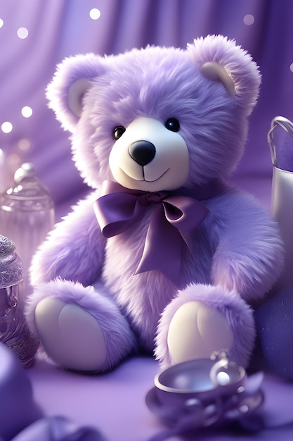 Teddy bear on the background of a purple curtain 3d rendering