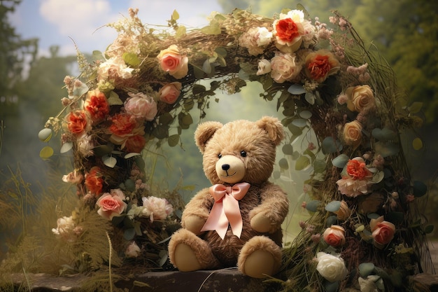 Teddy bear on a beautiful nature with a wreath